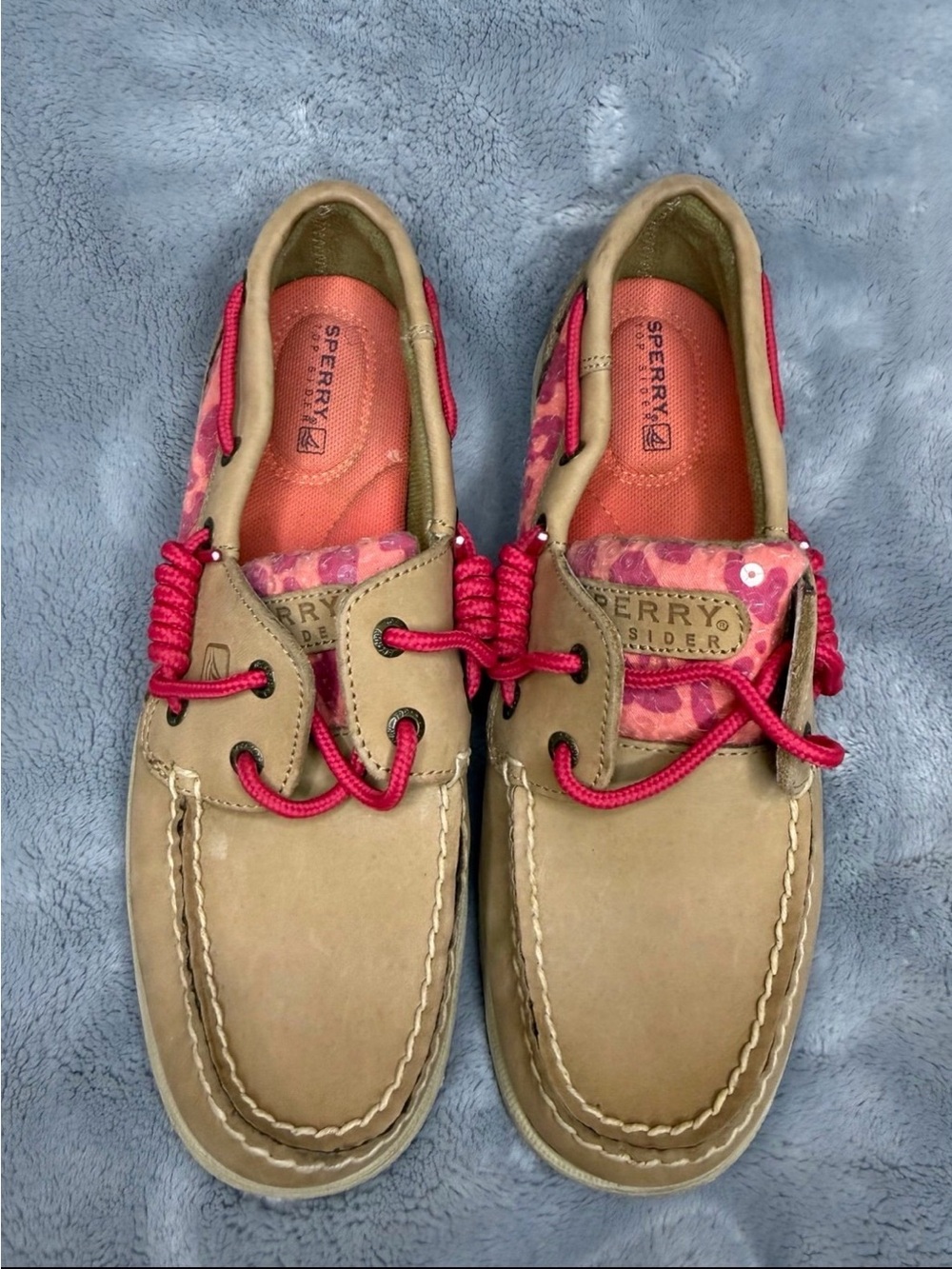 Sperry Boat Shoes in Tan with Pink Accents